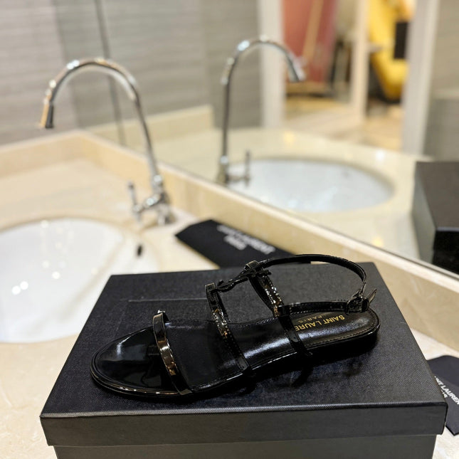 SL LOGO FLAT SANDALS BLACK POLISHED CALFSKIN