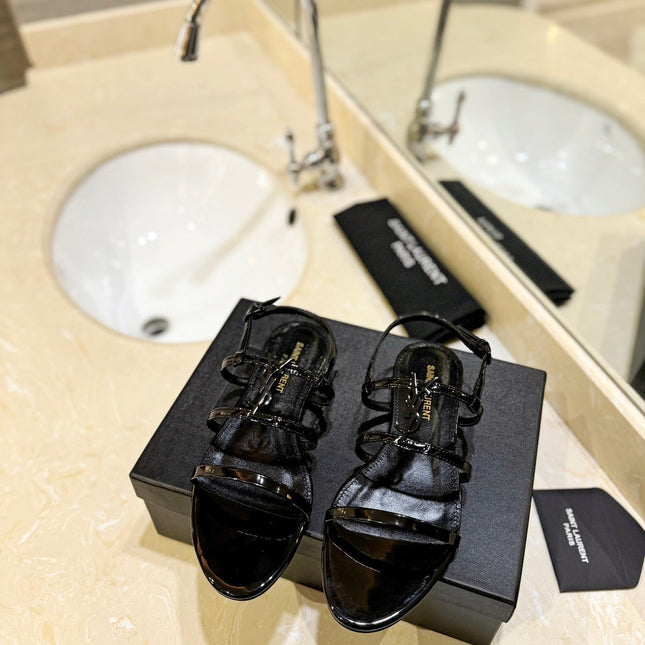 SL LOGO FLAT SANDALS BLACK POLISHED CALFSKIN