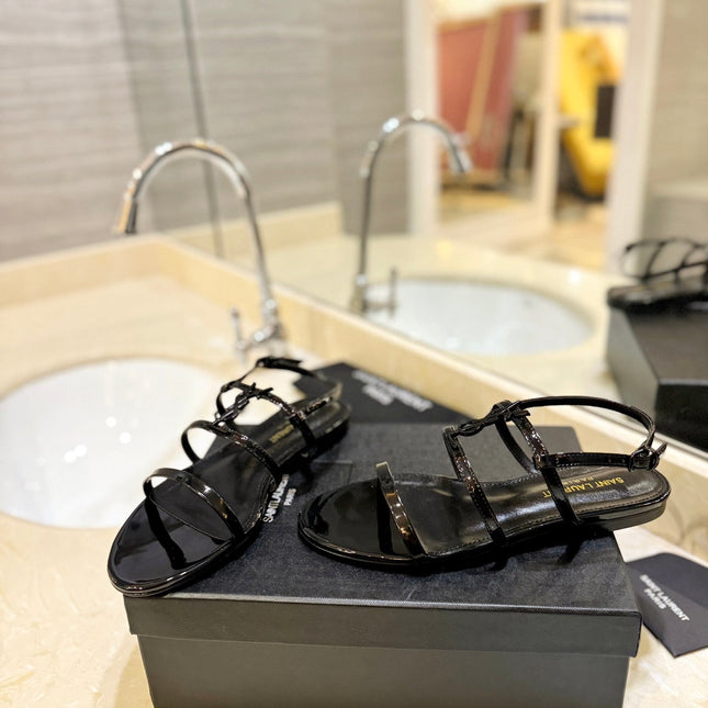 SL LOGO FLAT SANDALS BLACK POLISHED CALFSKIN