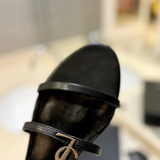 SL LOGO FLAT SANDALS BLACK CALFSKIN