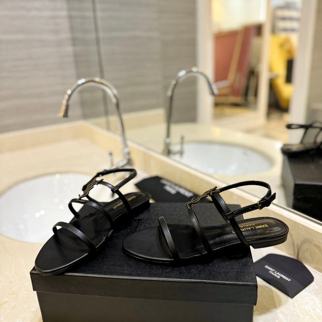 SL LOGO FLAT SANDALS BLACK CALFSKIN
