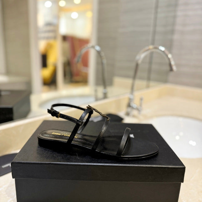 SL LOGO FLAT SANDALS BLACK CALFSKIN