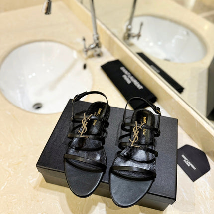 SL LOGO FLAT SANDALS BLACK CALFSKIN