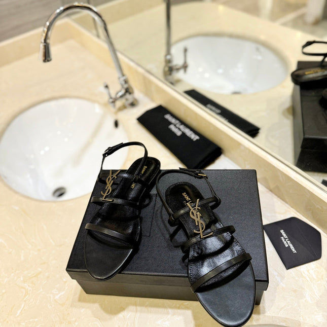 SL LOGO FLAT SANDALS BLACK CALFSKIN