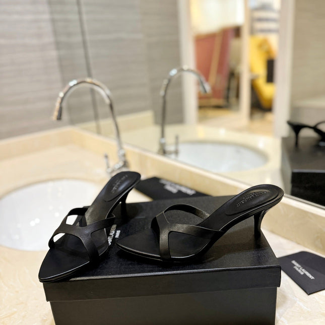 SL OPEN-TOES HIGH HEELS SLIPPER BLACK CALFSKIN