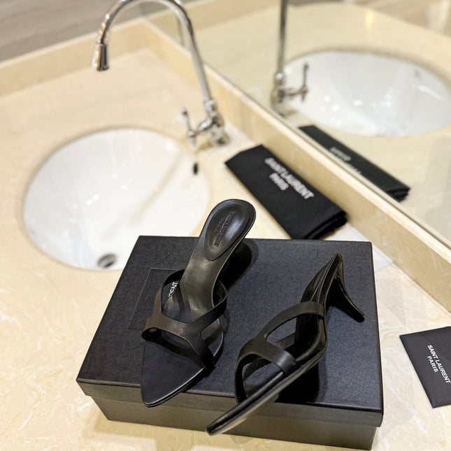 SL OPEN-TOES HIGH HEELS SLIPPER BLACK CALFSKIN