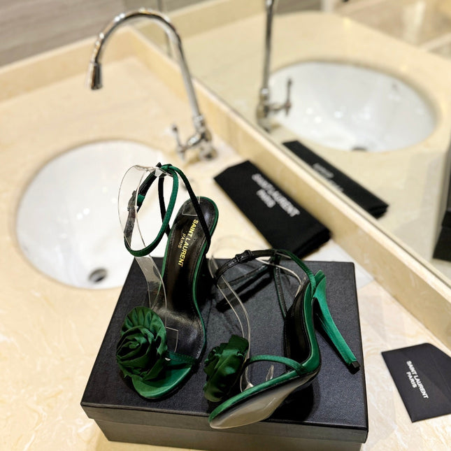 SL IVY FLORAL HEEL SANDALS DARK GREEN SATIN
