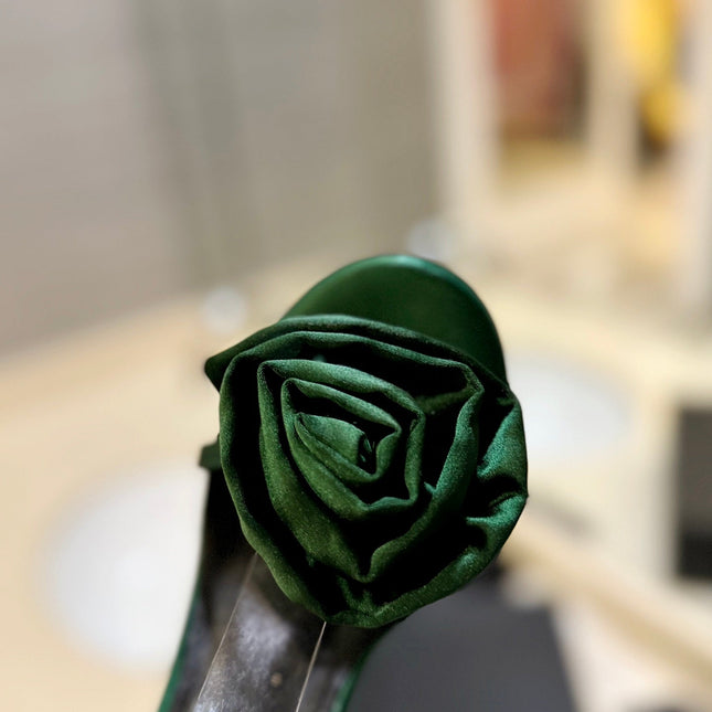 SL IVY FLORAL HEEL SANDALS DARK GREEN SATIN