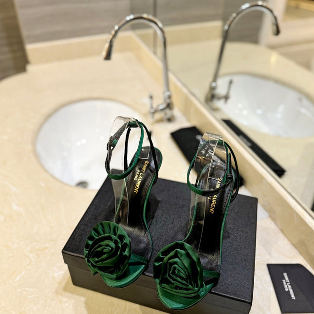 SL IVY FLORAL HEEL SANDALS DARK GREEN SATIN