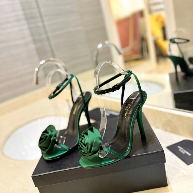 SL IVY FLORAL HEEL SANDALS DARK GREEN SATIN