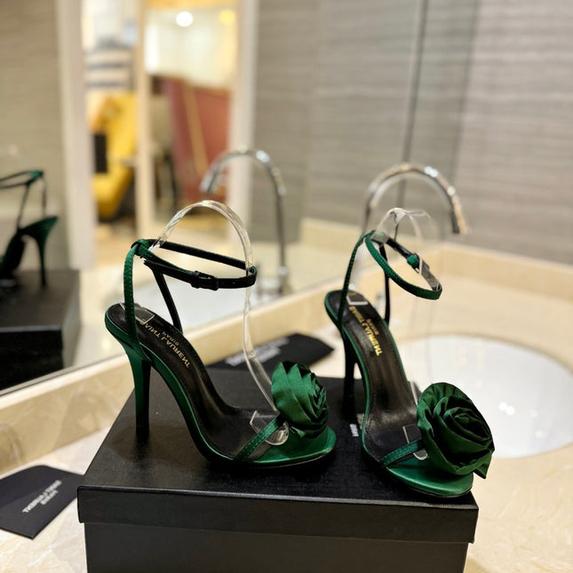 SL IVY FLORAL HEEL SANDALS DARK GREEN SATIN