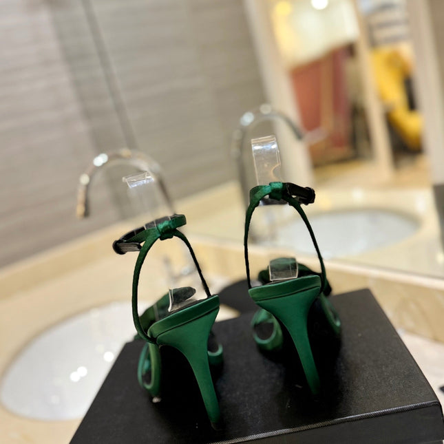 SL IVY FLORAL HEEL SANDALS DARK GREEN SATIN