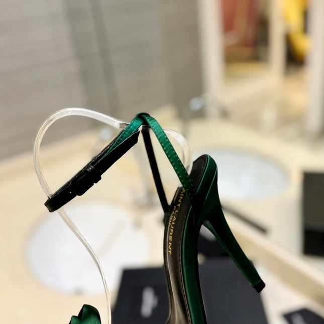 SL IVY FLORAL HEEL SANDALS DARK GREEN SATIN