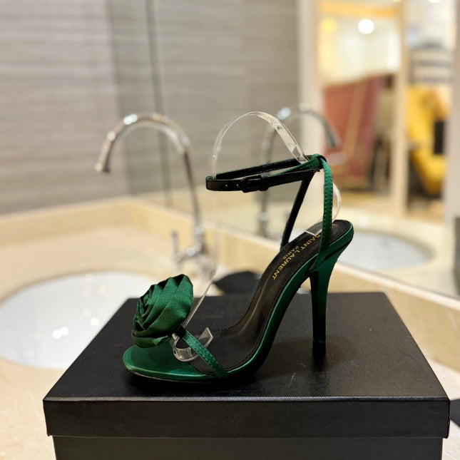 SL IVY FLORAL HEEL SANDALS DARK GREEN SATIN