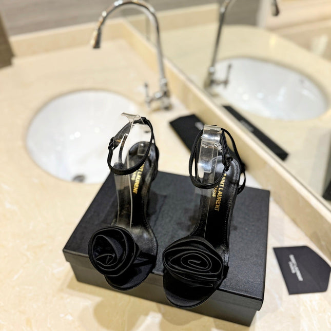 SL IVY FLORAL HEEL SANDALS BLACK SATIN