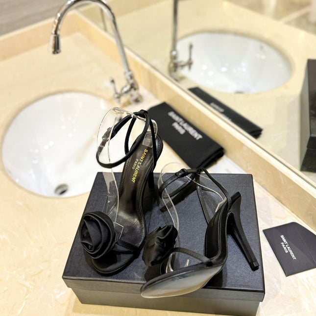 SL IVY FLORAL HEEL SANDALS BLACK SATIN