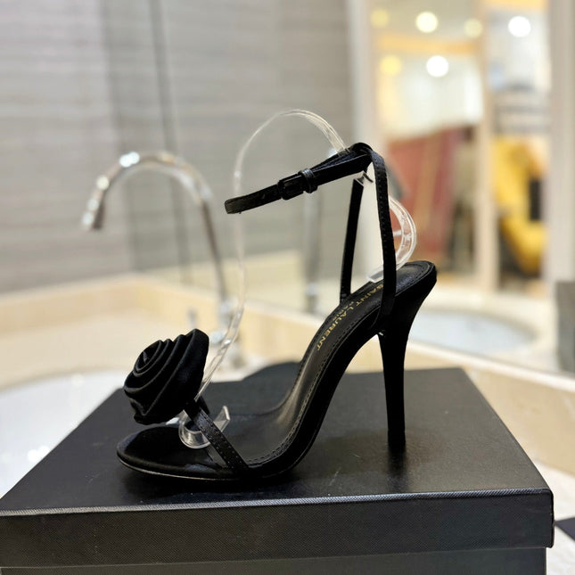 SL IVY FLORAL HEEL SANDALS BLACK SATIN