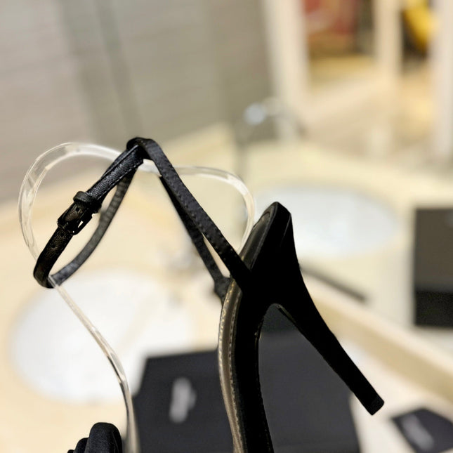 SL IVY FLORAL HEEL SANDALS BLACK SATIN