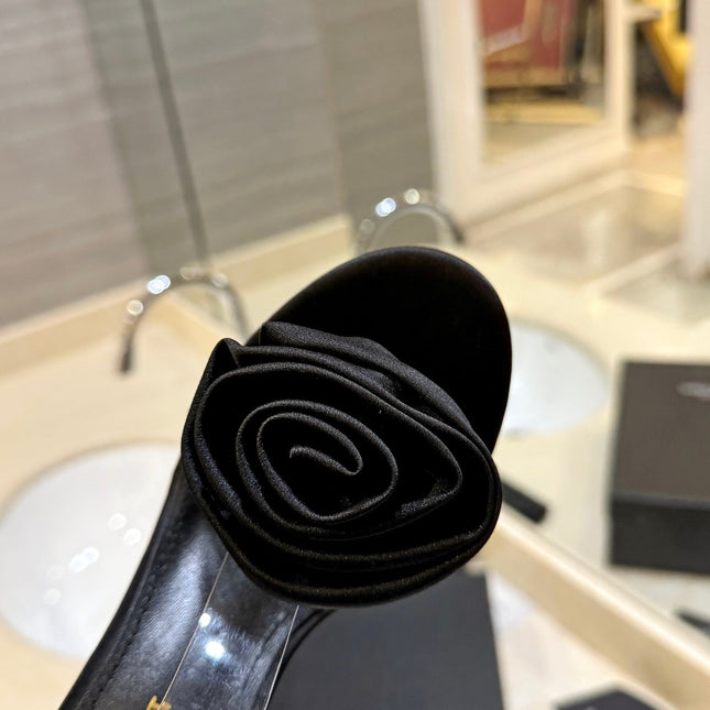 SL IVY FLORAL HEEL SANDALS BLACK SATIN