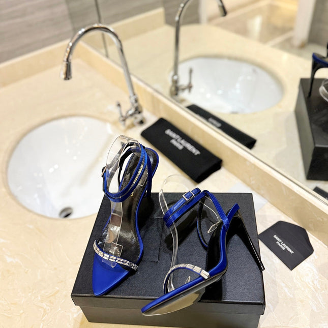 SL RHINESTONE HEELED SANDALS COBALT SATIN