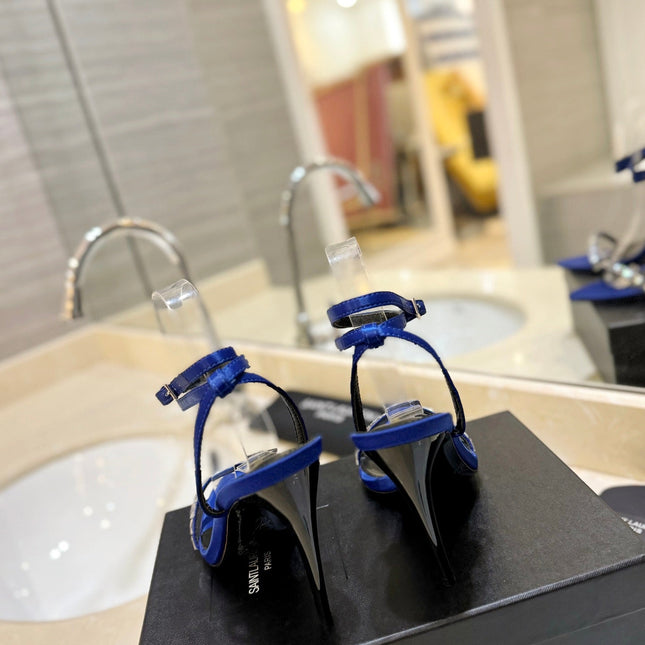 SL RHINESTONE HEELED SANDALS COBALT SATIN