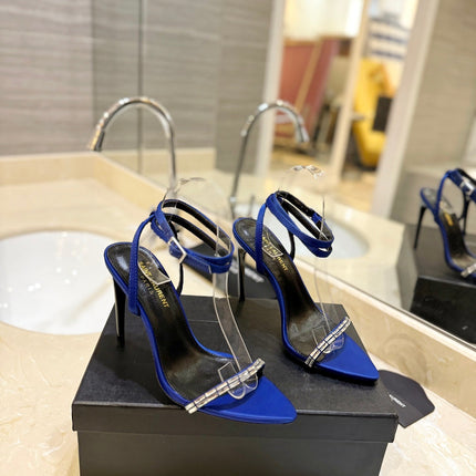 SL RHINESTONE HEELED SANDALS COBALT SATIN