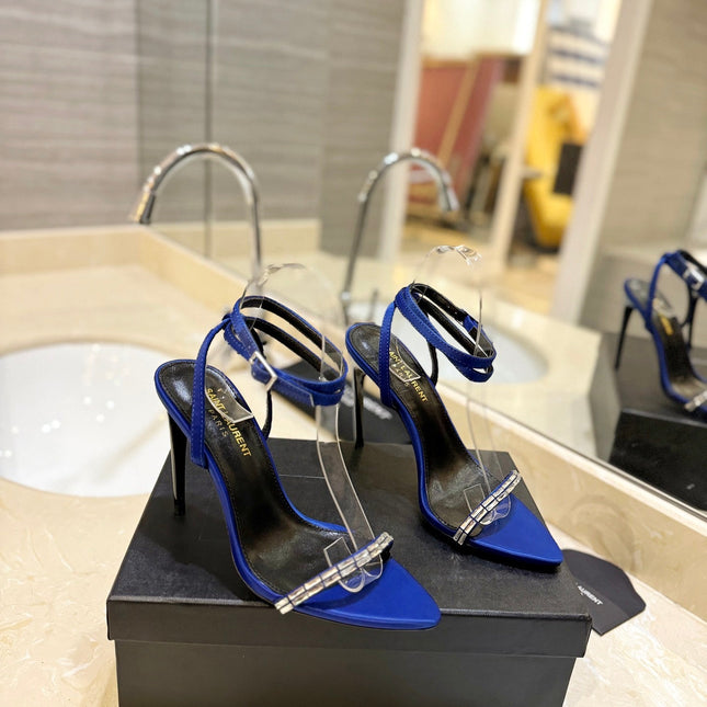 SL RHINESTONE HEELED SANDALS COBALT SATIN