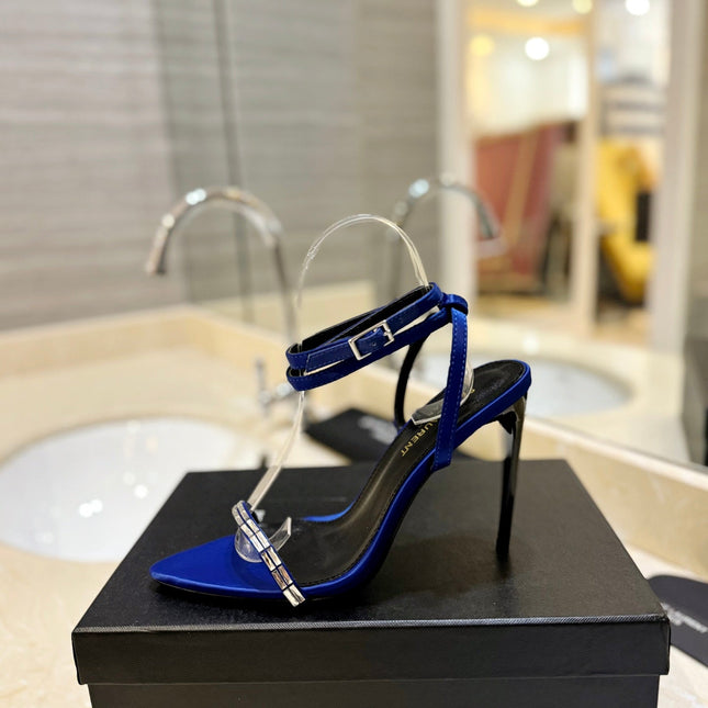 SL RHINESTONE HEELED SANDALS COBALT SATIN