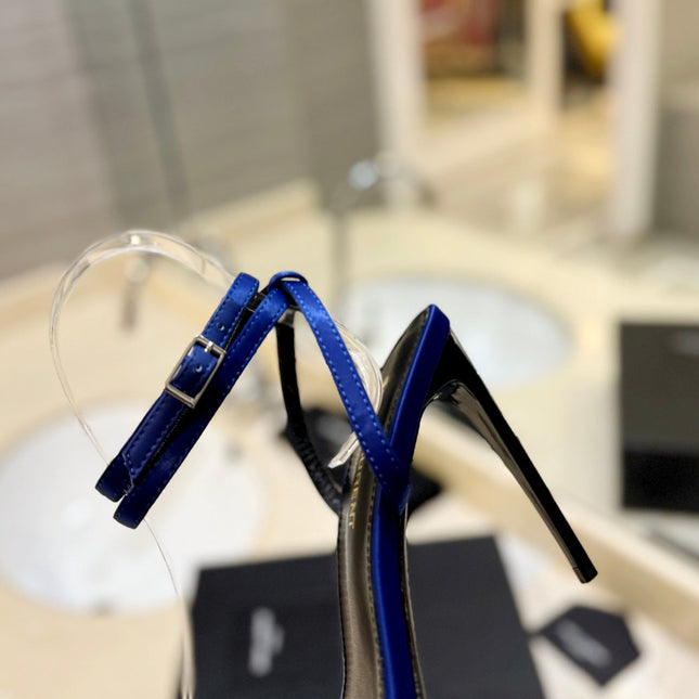 SL RHINESTONE HEELED SANDALS COBALT SATIN