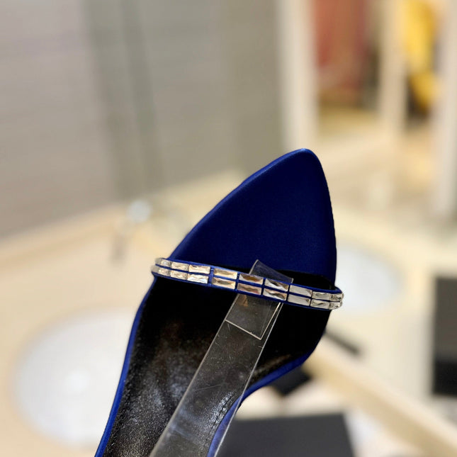 SL RHINESTONE HEELED SANDALS COBALT SATIN