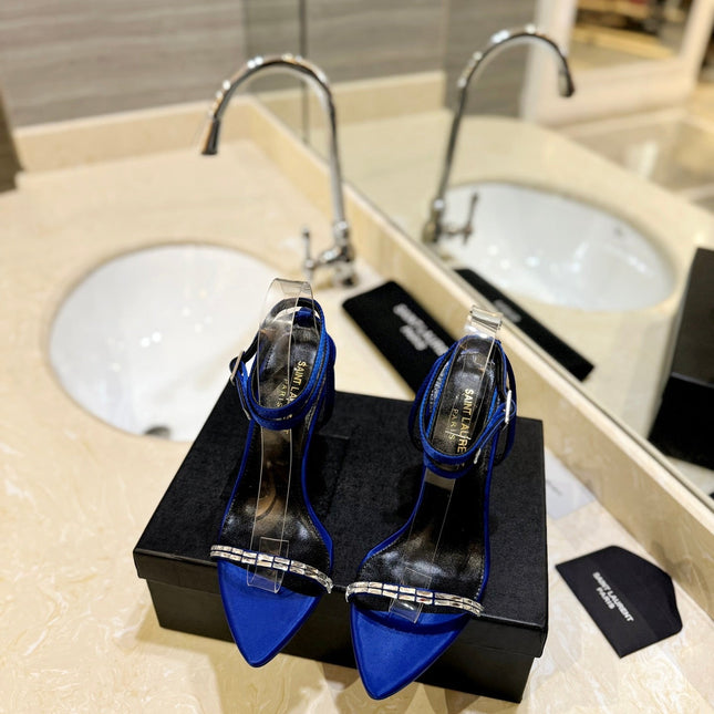 SL RHINESTONE HEELED SANDALS COBALT SATIN