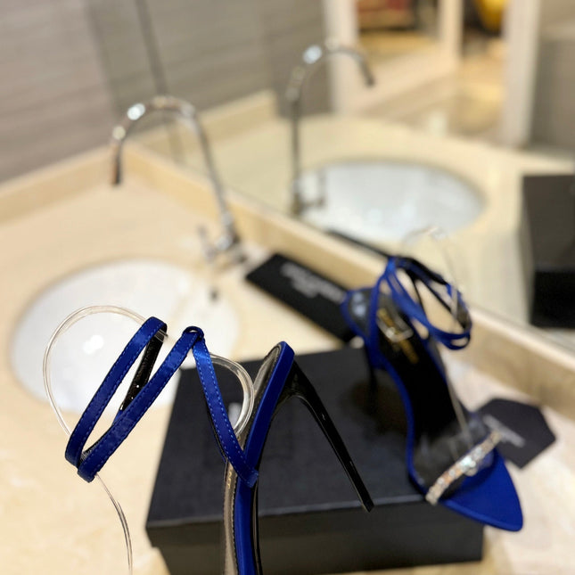 SL RHINESTONE HEELED SANDALS COBALT SATIN