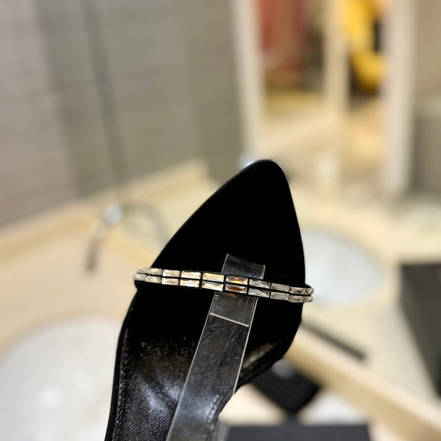 SL RHINESTONE HEELED SANDALS BLACK SATIN