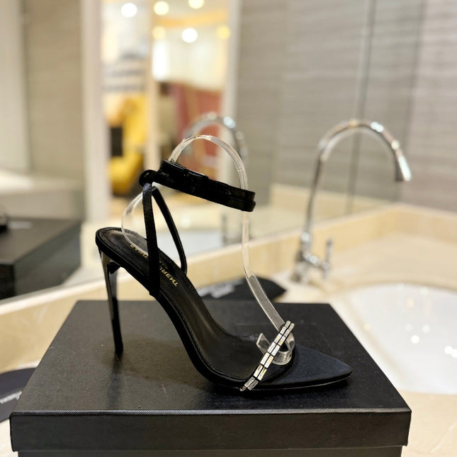 SL RHINESTONE HEELED SANDALS BLACK SATIN