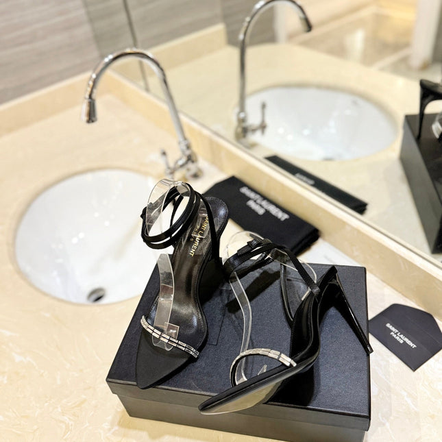 SL RHINESTONE HEELED SANDALS BLACK SATIN