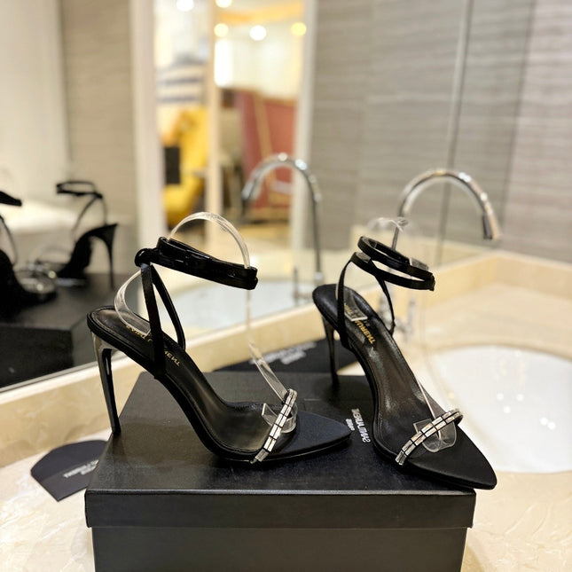 SL RHINESTONE HEELED SANDALS BLACK SATIN