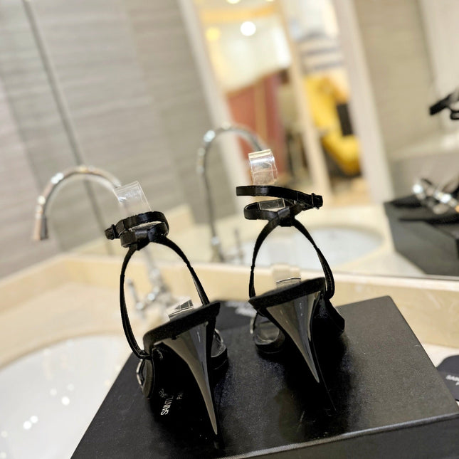 SL RHINESTONE HEELED SANDALS BLACK SATIN