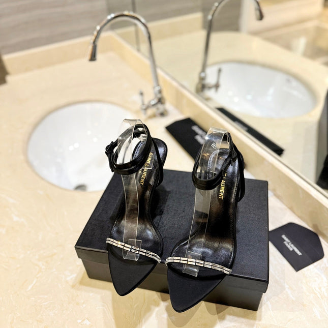 SL RHINESTONE HEELED SANDALS BLACK SATIN