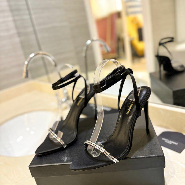 SL RHINESTONE HEELED SANDALS BLACK SATIN