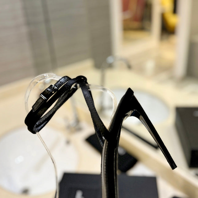 SL RHINESTONE HEELED SANDALS BLACK SATIN