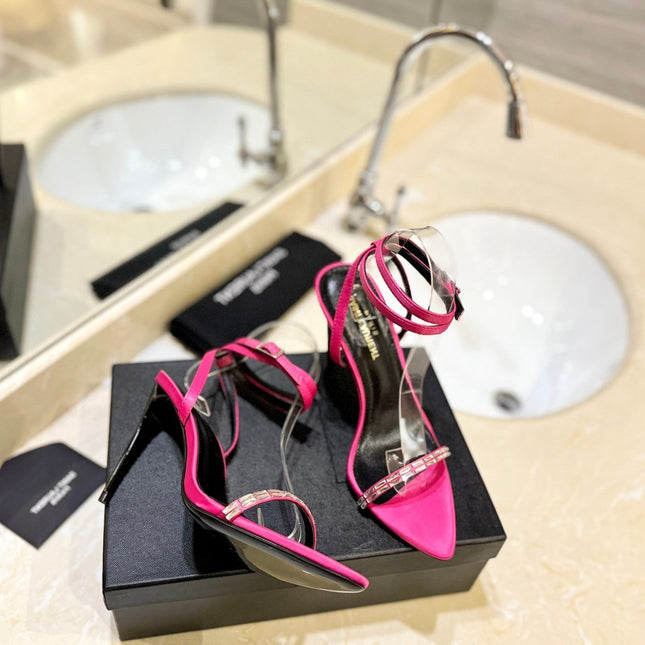SL RHINESTONE HEELED SANDALS BRIGHT PINK SATIN