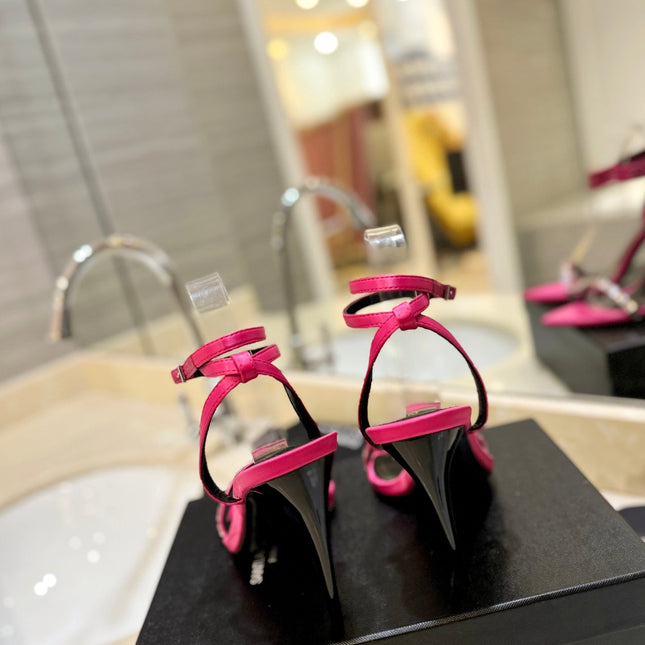 SL RHINESTONE HEELED SANDALS BRIGHT PINK SATIN