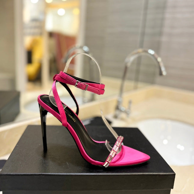 SL RHINESTONE HEELED SANDALS BRIGHT PINK SATIN