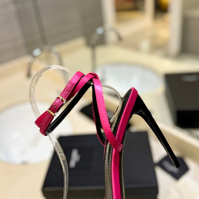 SL RHINESTONE HEELED SANDALS BRIGHT PINK SATIN