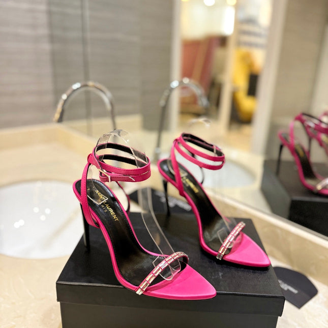 SL RHINESTONE HEELED SANDALS BRIGHT PINK SATIN