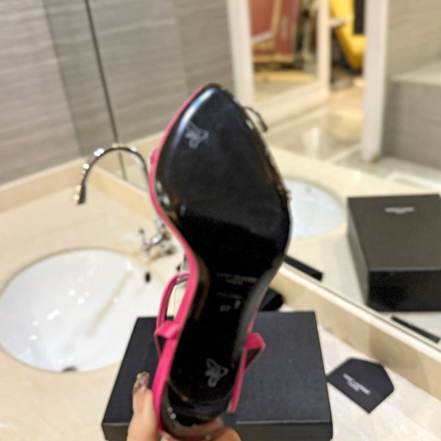 SL RHINESTONE HEELED SANDALS BRIGHT PINK SATIN