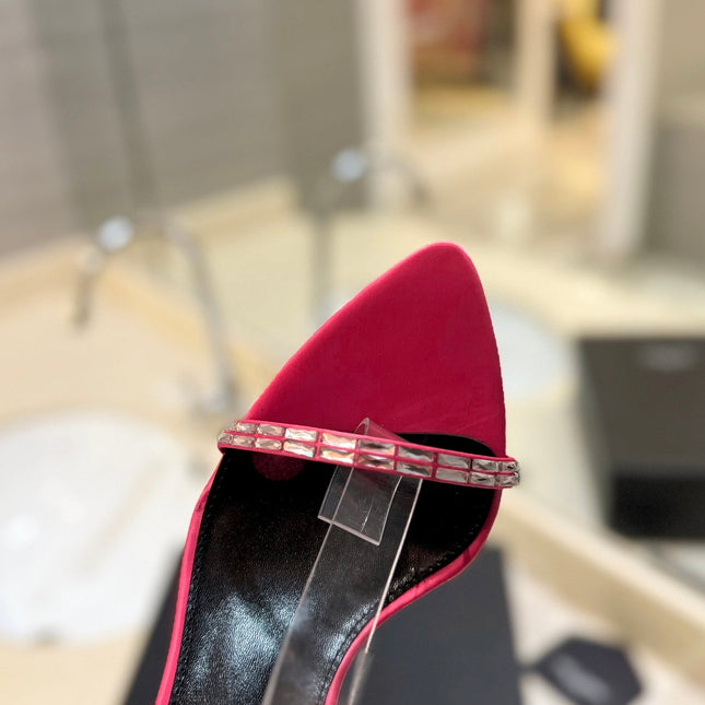 SL RHINESTONE HEELED SANDALS BRIGHT PINK SATIN