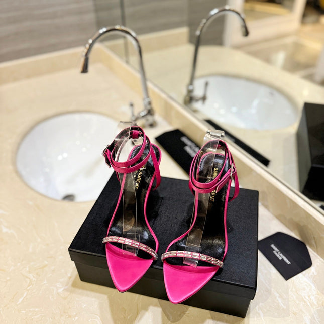 SL RHINESTONE HEELED SANDALS BRIGHT PINK SATIN