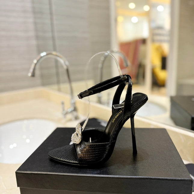 SL AYERS SNAKE CRYSTAL SANDAL BLACK CALFSKIN