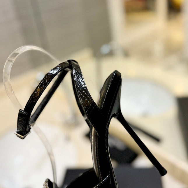 SL AYERS SNAKE CRYSTAL SANDAL BLACK CALFSKIN
